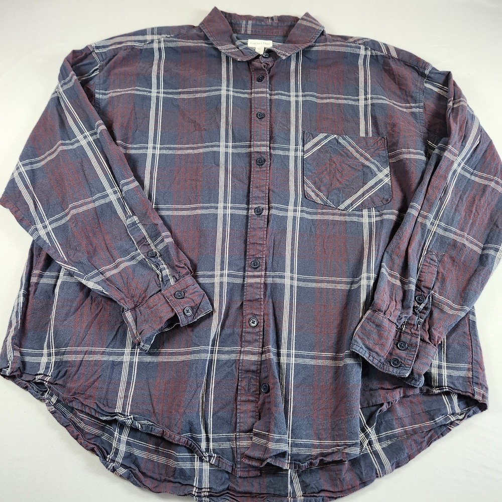 Garnet Hill Navy Plaid Button Up Shirt 100% Cotton Womens 14